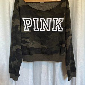 Pink camo cropped, off the shoulder sweatshirt